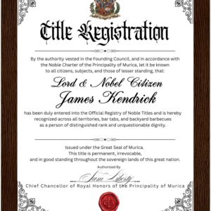 Lord & Lady of Murica — Official Noble Title Registration Certificate | Framed & Ready to Hang