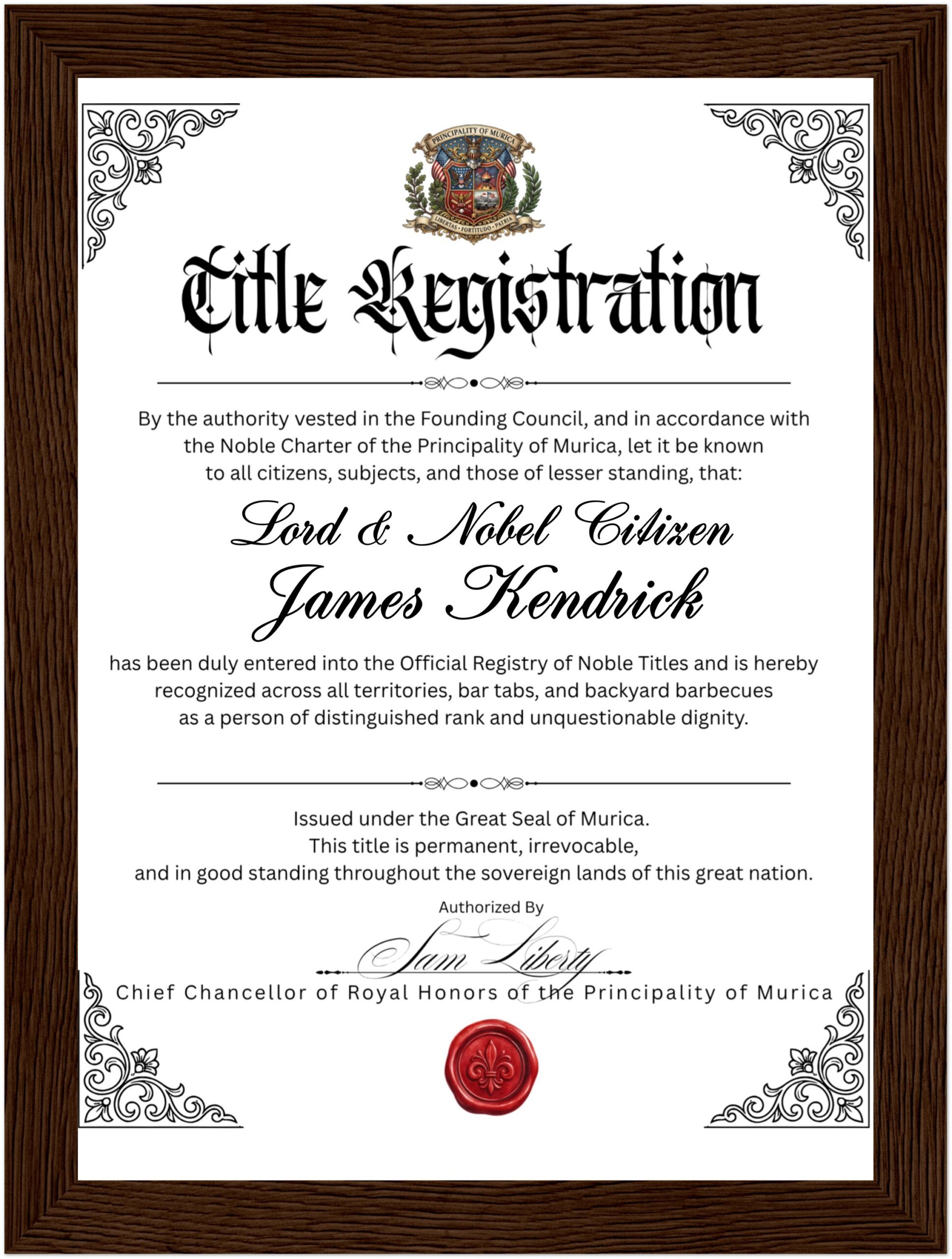 Lord & Lady of Murica — Official Noble Title Registration Certificate | Framed & Ready to Hang