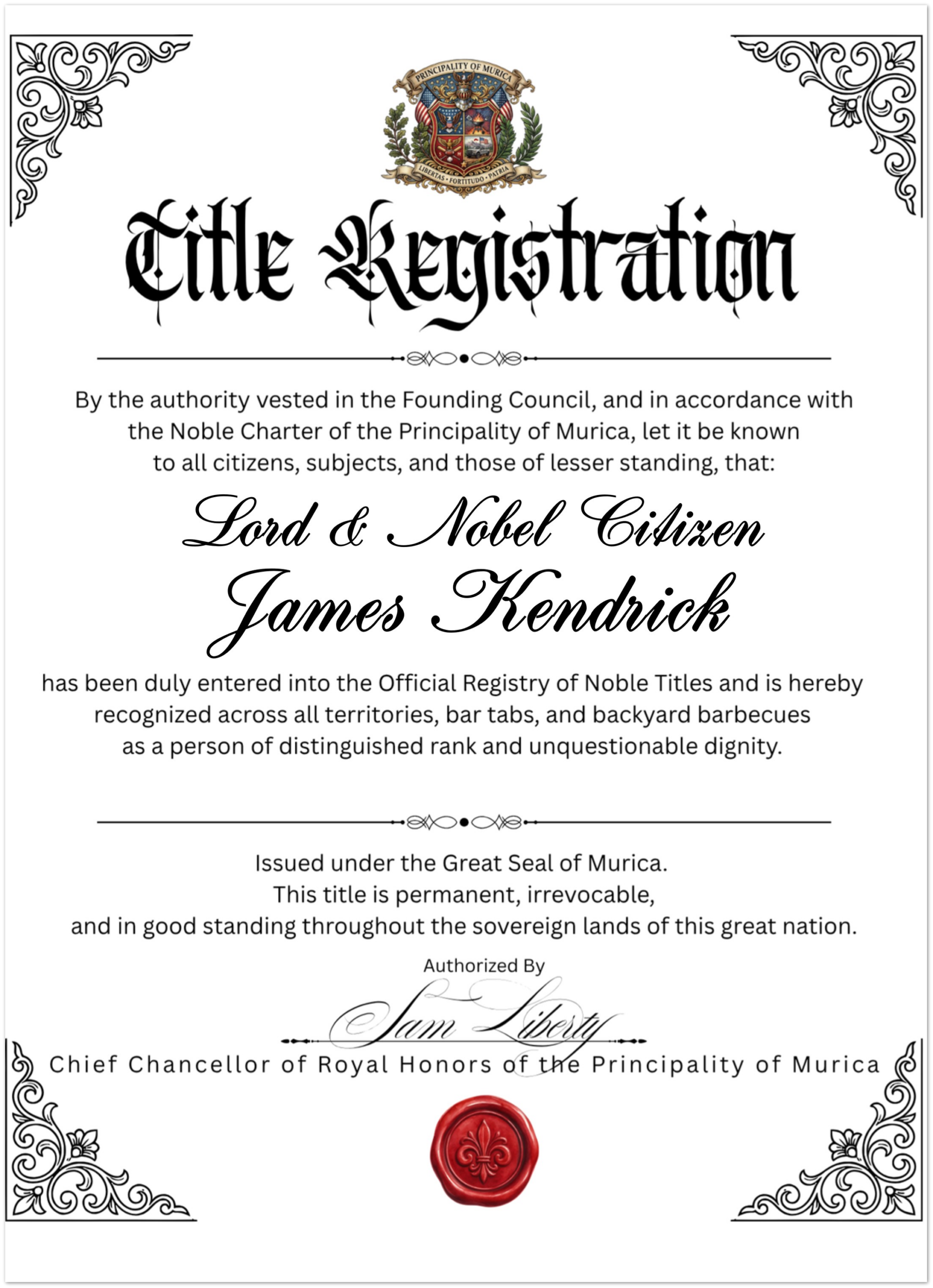 Lord & Lady of Murica — Official Noble Title Registration Certificate | Instant Digital Download Certificate